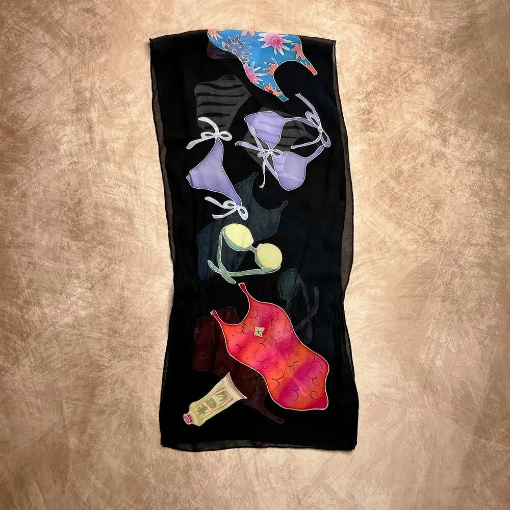 Vintage 80s Beach Swimsuit Bikini Print Scarf Sheer Multicolor Retro Tropical